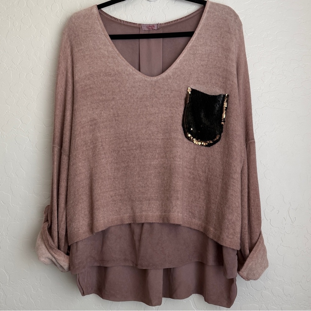 Scandal Italy Women's Lagenlook Sequin Pocket‎ Angora Blend Top Pink Large?